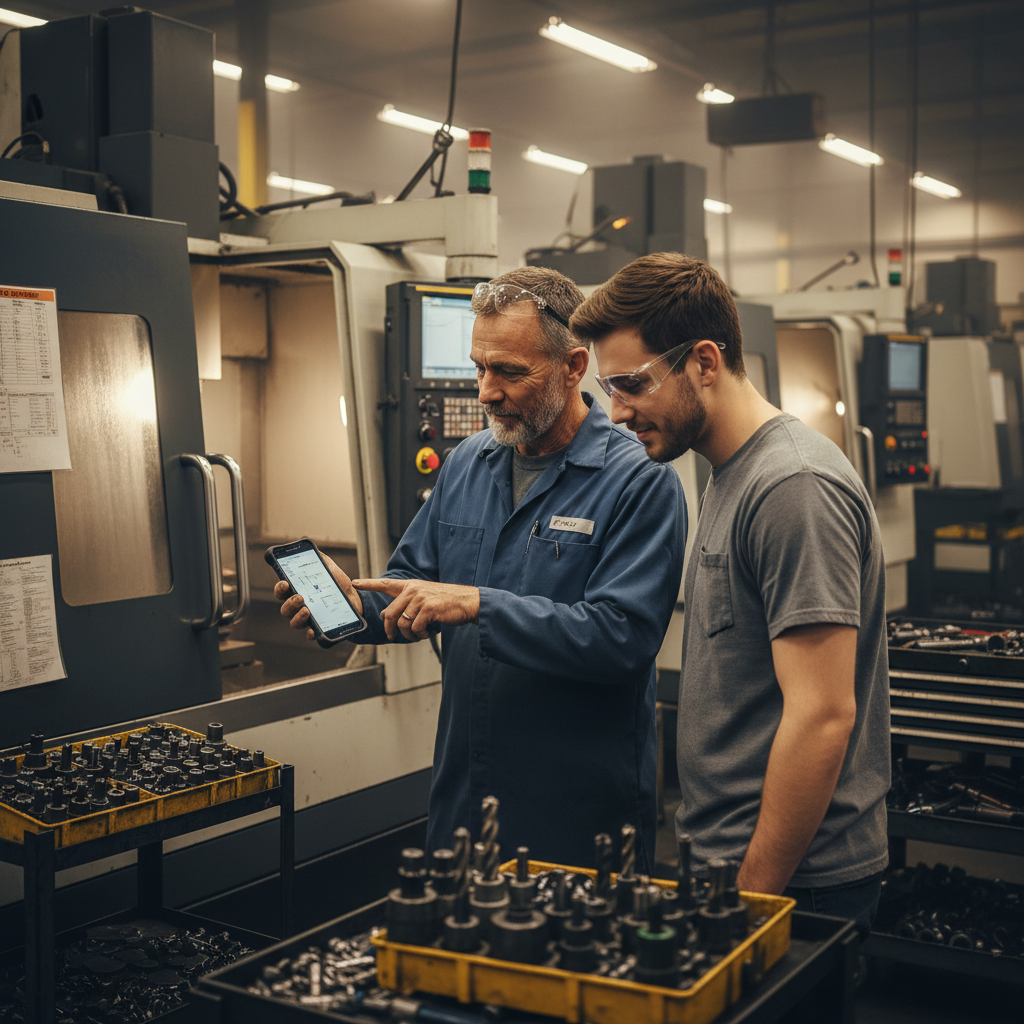 Experienced machinist showing Setup Vault to a newer machinist